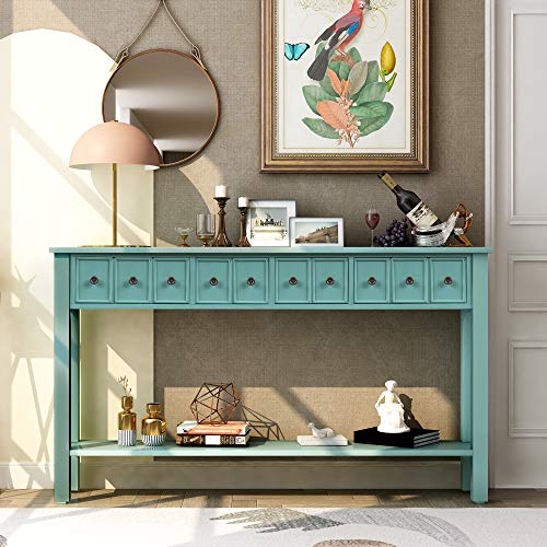 Rustic Blue Console Table with 4 Drawers and Bottom Shelf