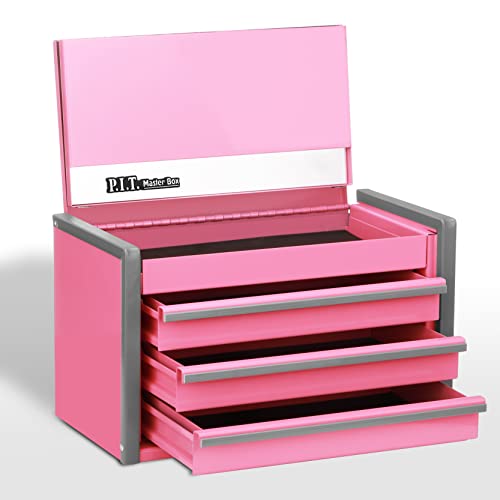 P.I.T. Portable 3 Drawer Steel Tool Box with Magnetic Locking, Pink Micro Top Chest Hand Carry Tool Cases for Tools Storage