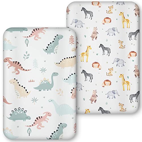 Pack and Play Sheets, Mini Crib Sheets for Boys Girls,Snug Fitted Playard Sheet Bedding Mattress Protector,2 Pack,Dinosaur&Animal