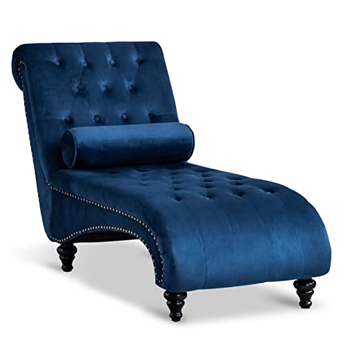 Paddie Blue Velvet Button-Tufted Chaise Lounge Sofa with Nailhead Trim