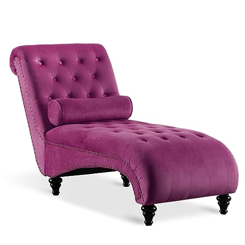Paddie Velvet Button-Tufted Chaise Lounge Chair Leisure Sofa Couch w/Bolster Pillow, Nailhead Trim and Turned Legs for Indoor Living Room(Purple)