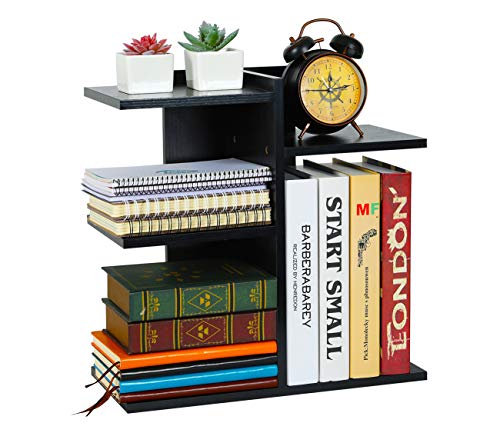 PAG Wood Desktop Shelf Small Bookshelf Desk Supplies Organizers and Accessories Storage Display Rack Office Decor for Women, Black