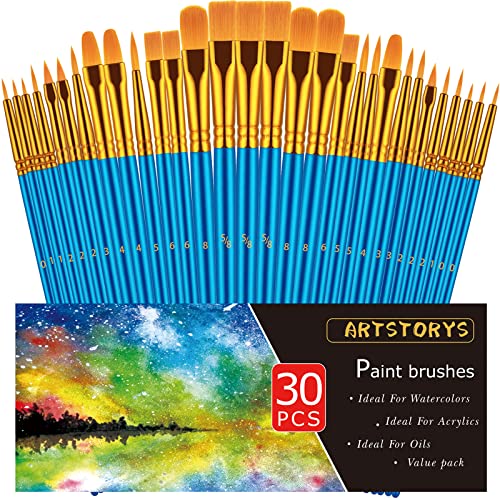 30-Piece Artist Paintbrush Set for Acrylic, Oil, Watercolor - Blue