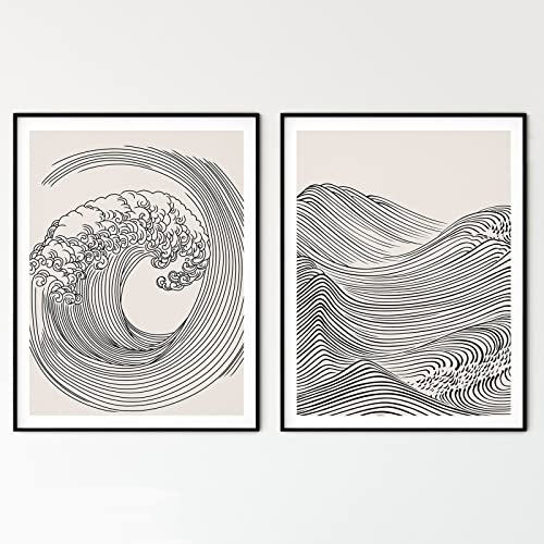 Japanese Wave Abstract Canvas Art for Bedroom Decor - 16x24Inchx2