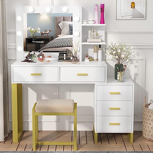 ARTETHYS Small Vanity Desk Set with 3 Adjustable Lighted Mirror and Storage  Chair, White Dressing Table