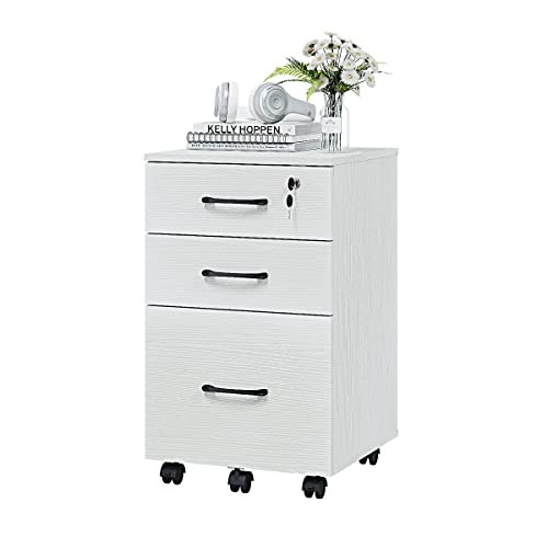 Panana 3 Drawer Wood Mobile File Cabinet, Under Desk Storage Drawers Small File Cabinet for Home Office (White)