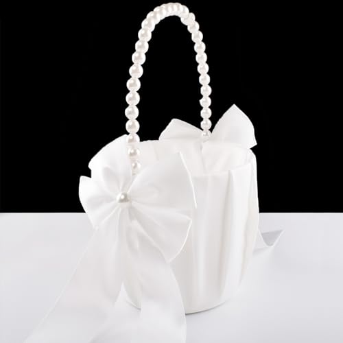 Papoopy Flower Girl Basket for Wedding with Pearl Handle (Ivory - Bowknot)