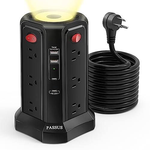Passus Power Strip Tower with USB Ports and Long Cord