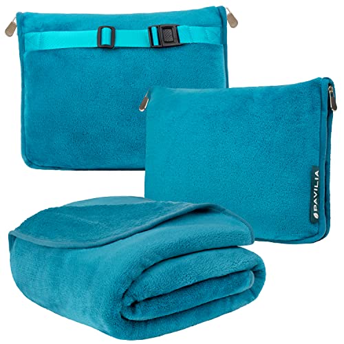 PAVILIA Travel Blanket Pillow, Soft Airplane Blanket 2-IN-1 Combo Set, Plane Blanket Compact Packable, Flight Essentials Car Pillow, Travelers Gifts Accessories Luggage Backpack Strap, 60x43 Teal Blue