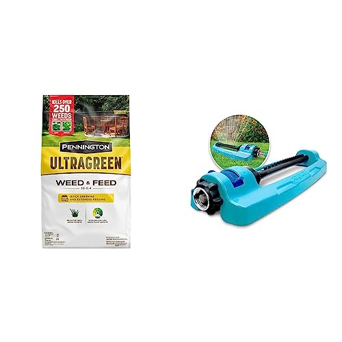 Pennington UltraGreen Weed & Feed Lawn Fertilizer with Aqua Joe Oscillating Sprinkler