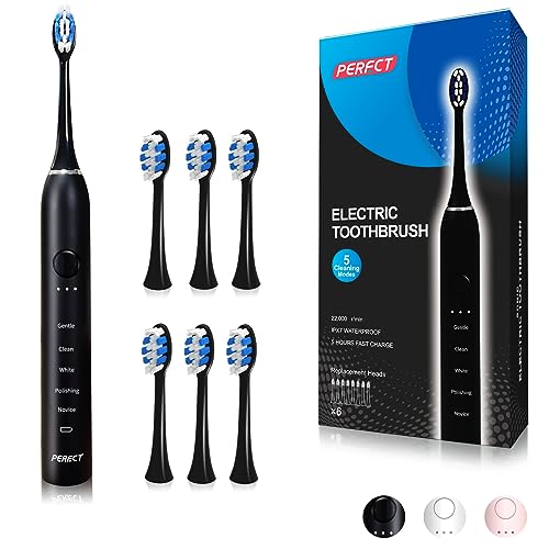 PERECT Rechargeable Sonic Electric Toothbrush with 6 Brush Heads - Black