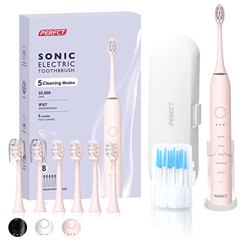 PERECT Ultrasonic Electric Toothbrush with 6 Brush Heads, 5 Modes Electric Toothbrush, Travel Rechargeable Power Toothbrush for Adults with Smart Timer &Travel Case & Soft Picks, IPX7 Waterproof, Pink