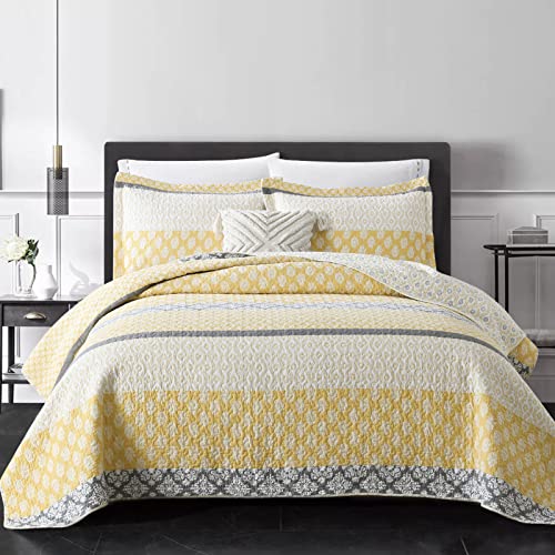 PERHOM Yellow Quilts Queen Size - 3-Piece Floral Quilt Bedding Set