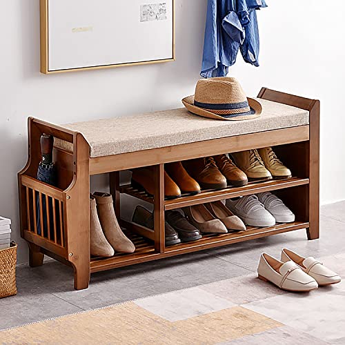 Apicizon Bamboo Shoe Rack for Entryway 3-Tier Shoe Rack Bench for Front Indoor Entrance Small Shoe Organizer with Storage Black