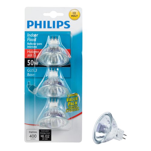 Philips LED 50W MR16 12V Halogen Light Bulb, 3-Pack