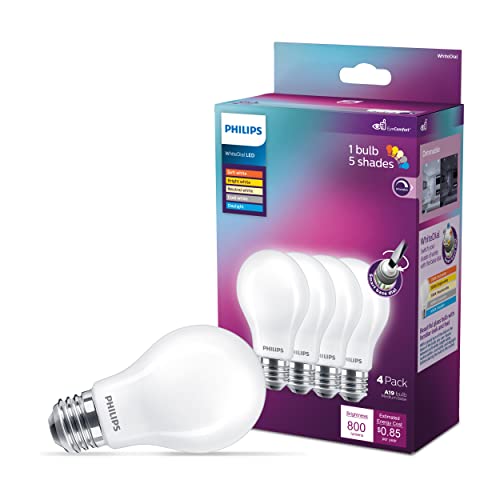 Philips LED White Dial Flicker-Free Frosted Dimmable A19 Light Bulb - EyeComfort Technology - 800 Lumen - 5 Shades of White - 7W=60W - E26 Base - Title 20 Certified - Indoor - 4-Pack