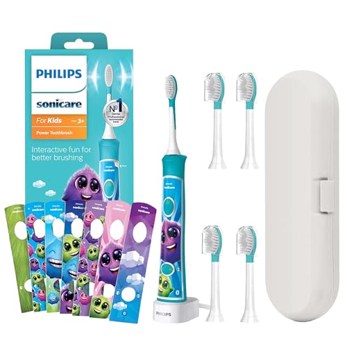 Philips Sonicare Kids Electric Toothbrush Blue and Kids Toothbrush Replacement Heads (4pcs Blue 7years Old +) | Toothbrush Travel Case | 4 pcs Reusable Head Covers