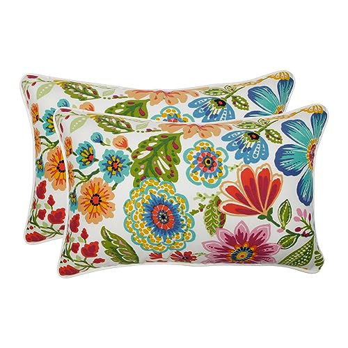 Pillow Perfect Bright Floral Indoor/Outdoor Accent Throw Pillow, Plush Fill, Weather, and Fade Resistant, Lumbar - 11.5" x 18.5" , Blue/Purple Gregoire, 2 Count