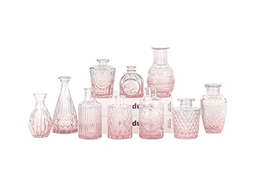 Pink Glass Bud Vase Set - Vintage Vases for Wedding Decor