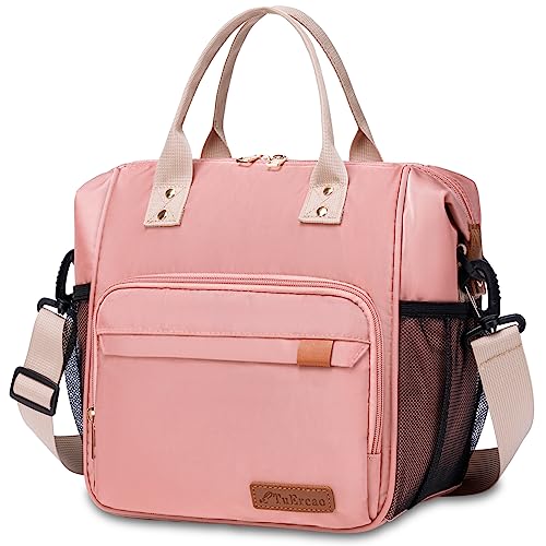 Lunch Bag for Women Large Insulated Lunch Box Reusable Lunch Tote Bag with  Smiley Preppy Lunch Bag ,Soft Leather Lunchbag for Work School Picnic  Travel (White&Pink) 