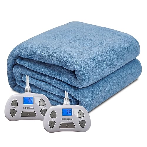 PiPiMAMA King Size Electric Blanket Dual Control 100"x 90" Soft Warm Polar Fleece Heated Blanket with 10 Heating Levels,12 Hours Auto Shut-Off，Machine Washable（Blue）