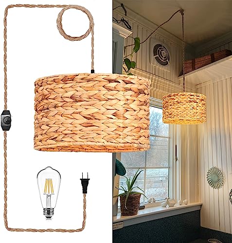 Boho Rattan Pendant Light with Hemp Rope Cord and Dimmable Switch