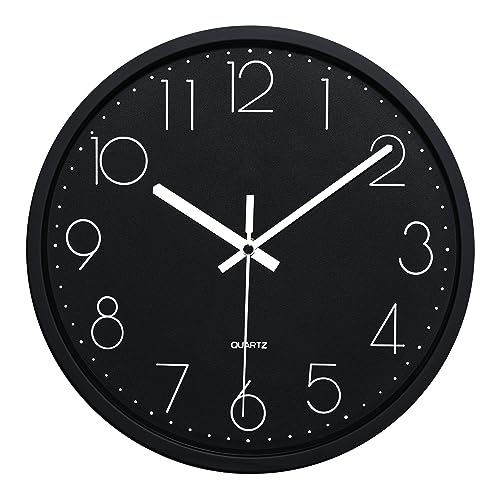 Plumeet Black Wall Clock Non Ticking Silent Quartz Round Clock Decorate Bedroom Home Kitchen Office - Battery Operated (Black)