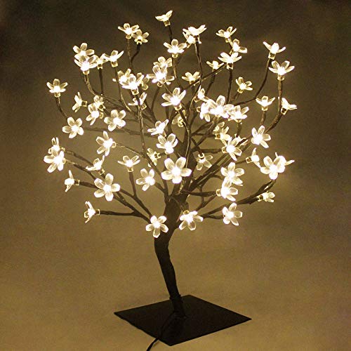 PMS 23inch 90 LEDs Cherry Blossom Tree Lights Desk Top Bonsai Tree Lamp with Low Voltage Transformer, Ideal for Christmas Wedding Party Bedroom Home Decoration (Warm White)