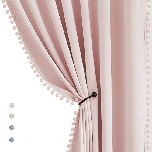 Pink Pom Pom Bedroom Curtains - 63" Blackout Drapes 2pcs