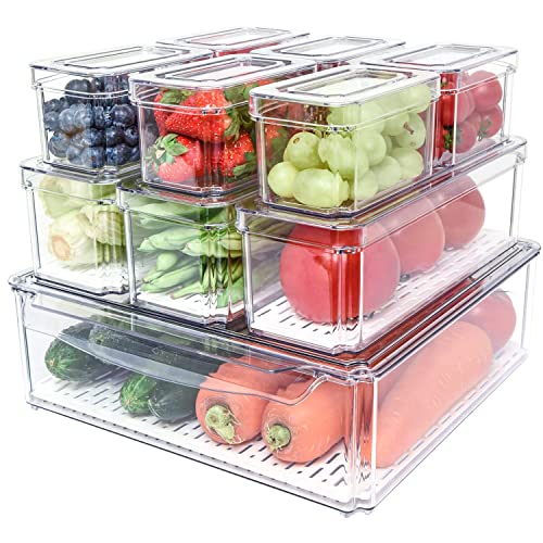 LUXEAR Fruit Vegetable Produce Storage Saver Containers with Lid & Colander  5 Packs BPA-Free Plastic Fresh Keeper Set | Refrigerator Fridge Organizer