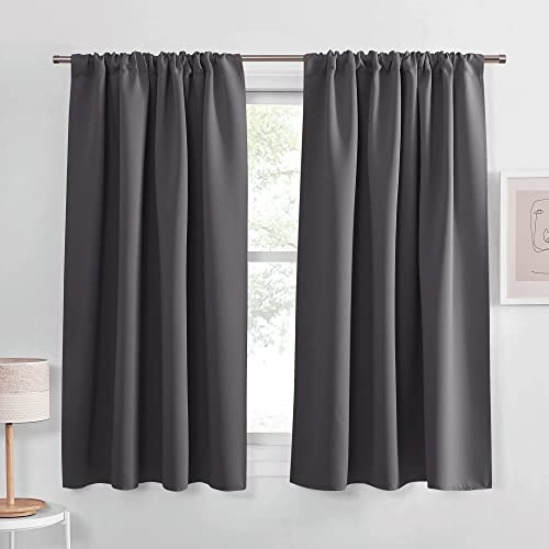 PONY DANCE Bedroom Blackout Curtains 45 inch Length - Grey Drapes for Kitchen, Room Darking Curtains with no Light for Living Room, 42 x 45 inches, Gray, 2 Panels