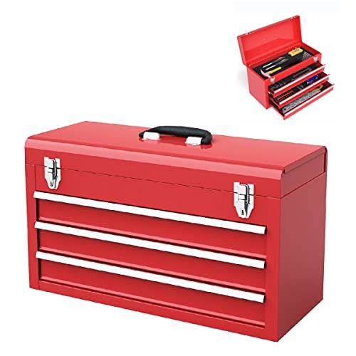 Portable 3 Drawer Steel Toolbox with Top Storage Tray & Carrying Handle