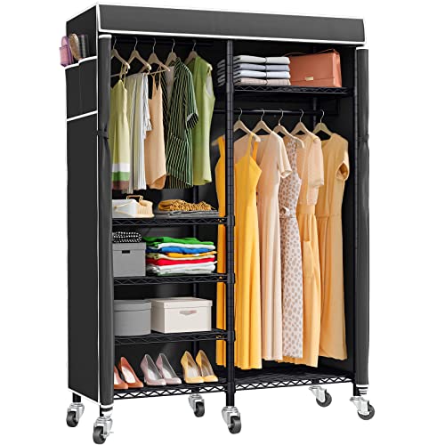 Portable Clothes Rack 6 Tiers Heavy Duty Adjustable Wire Garment Rack with Lockable Wheels Wardrobe Black Metal Clothing Rack with Black Oxford Fabric Cover