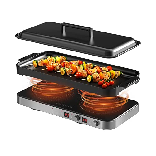Portable Induction Cooktop 2 Burner with Removable Iron Cast Griddle Pan Non-stick, COOKTRON 1800W Double Induction Cooktop with Child Safety Lock & Time, Great for Family Party