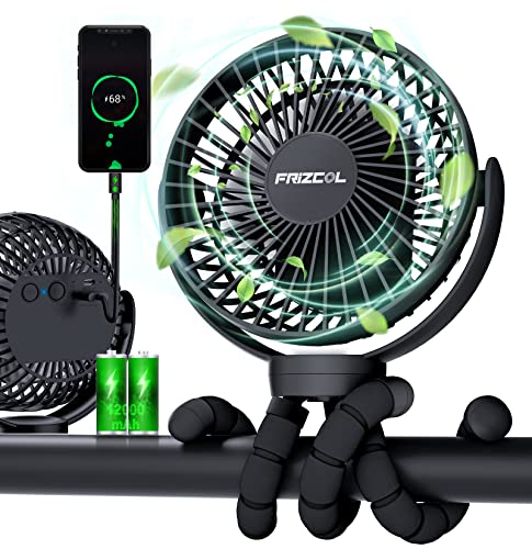 FRIZCOL Portable Stroller Fan: 65H Battery, Power Bank, Flexible Tripod