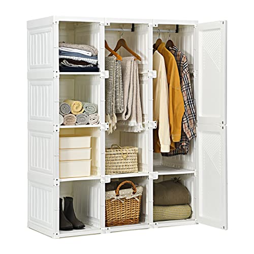 Portable Wardrobe Closet with Cubby Storage and Hanging Rods