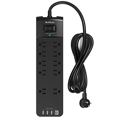 Power Strip - Addtam Surge Protector with 10 Outlets and 4 USB Ports, 6 Feet Extension Cord with Flat Plug, 2700 Joules, ETL Listed, Black