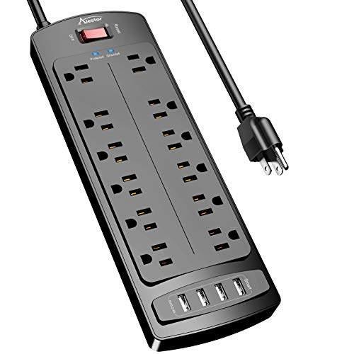 ALESTOR 12-Outlet Surge Protector with 4 USB Ports, 6ft Cord, Black