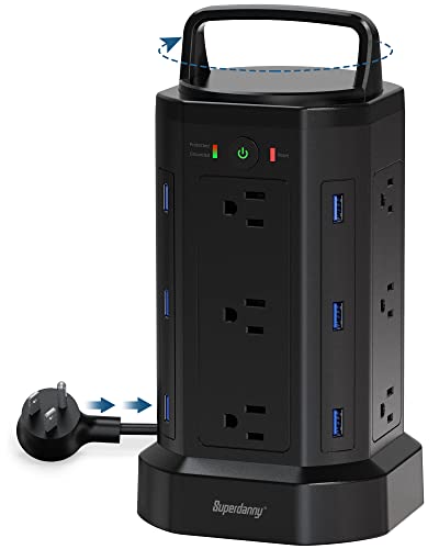 Power Strip Tower with Cord Retracting, Surge Protector, 12 AC Outlets, 6 USBs