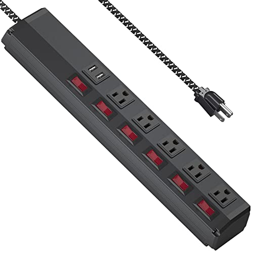 Power Strip with Individual Switch, 5 Outlets & 2 USB Ports, 15A Overload Protection, Heavy Duty Power Strip with 6 FT 14AWG Power Cord, Multi Functional for Aquarium Workshop Garage