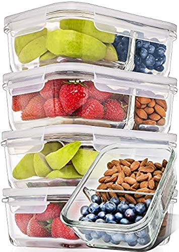 Prep Naturals Glass Meal Prep Containers - 2 Compartment 5 Pack