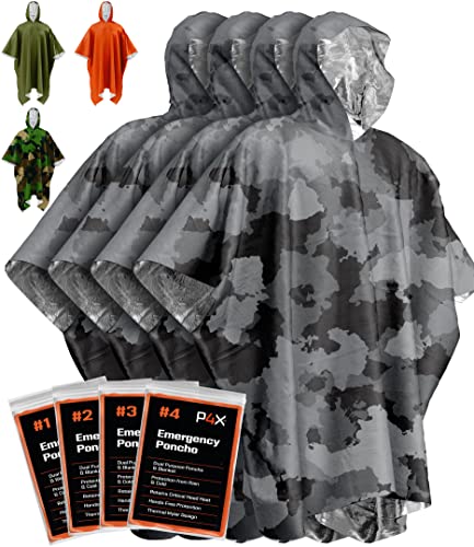 PREPARED4X Emergency Rain Poncho with Mylar Blanket Liner - 4 Pack