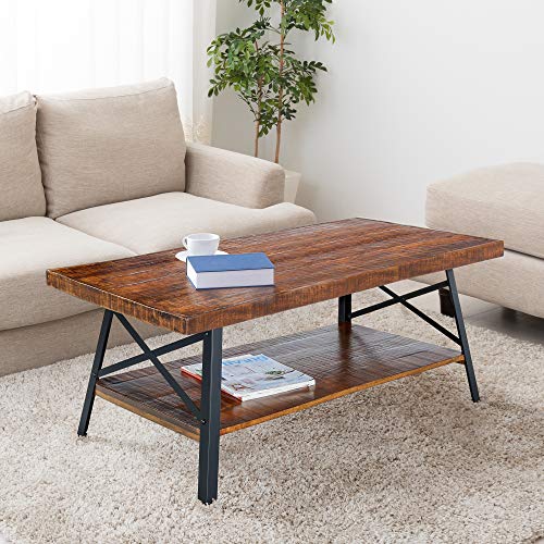 PrimaSleep Rustic Brown Solid Wood Top & Steel Legs Coffee Table