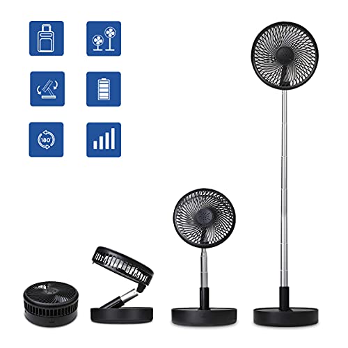 Primevolve Battery Operated Portable Standing Fan, Rechargeable USB Personal Floor Fan with Adjustable Height Black