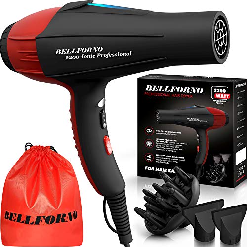 BELLFORNO Ionic Salon Hair Dryer with Diffuser & Nozzle Attachments