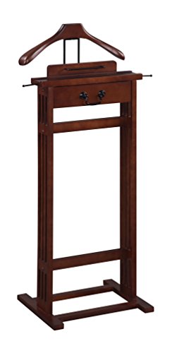 Proman Products Mission Wardrobe Wood Valet Stand with Drawer, Contour Hanger, Trouser Bar, Tie & Belt Hooks and Shoe Rack, Dark Walnut - VL16188