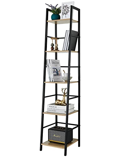Pshelfy Bookshelf - 5-Tier Narrow Ladder Shelf Bookcase with Metal Frame