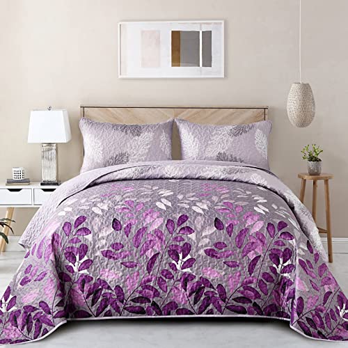 Purple Botanical Leaves 3-Piece Queen Size Quilt Set with Pillowcases