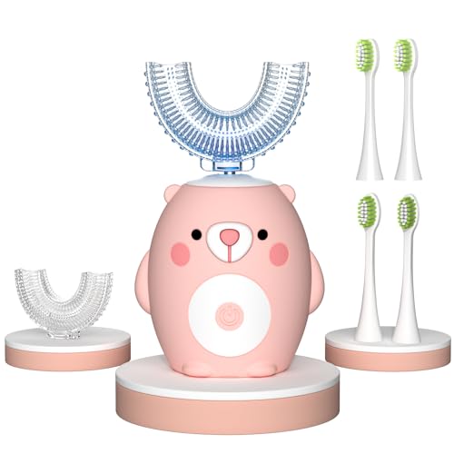 PVOGRT Kids Electric U-Shaped Toothbrush with 6 Soft Brush Heads - Age 8-15 Pink