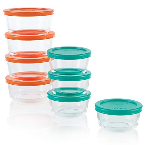 Pyrex Simply Store 16-Pc Glass Food Storage Container Set with Lid, 2-Cup & 1-Cup Round Meal Prep Containers with Lid, BPA-Free Lid, Dishwasher, Microwave and Freezer Safe,